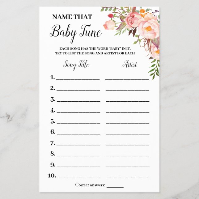 Pink Flowers Name that Baby Tune Shower Game Card Flyer (Front)