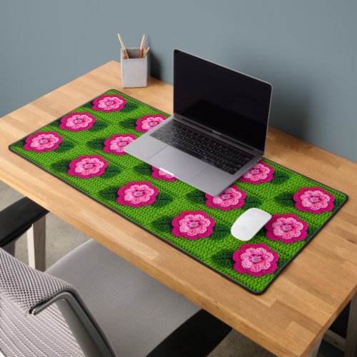 Pink Flowers Natural Greens Artisan Crochet Print  Desk Mat