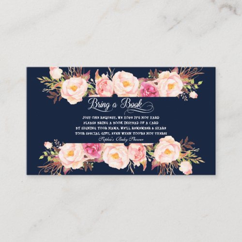 Pink Flowers Navy Blue Baby Shower Bring a Book Enclosure Card