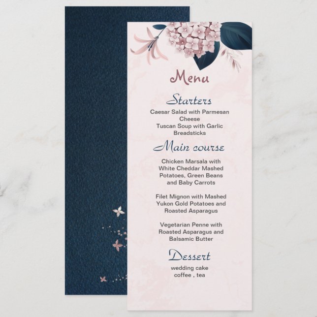 pink flowers navy leaves wedding menu (Front/Back)