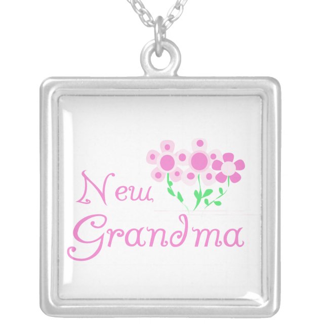 Pink Flowers New Grandma Gifts Silver Plated Necklace (Front)
