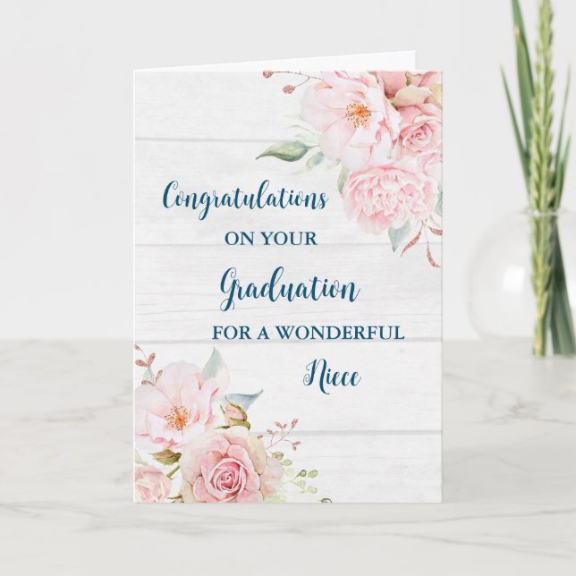 Pink Flowers Niece Congratulations Graduation Card (Front)