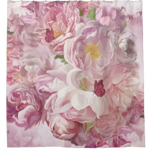 Pink Flowers Oil Painting: Delicate Shower Curtain