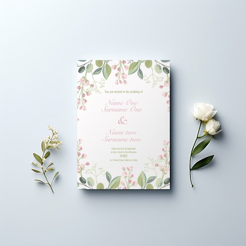 Pink flowers olive leaves garden wedding invitation