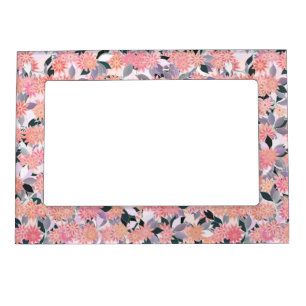 Pink flowers on a background of silver leaves magnetic picture frame