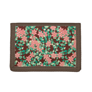 Pink flowers on a chocolate background tri-fold wallet