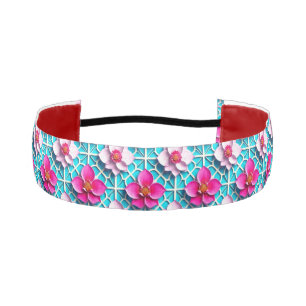 Pink Flowers on a Geometric Blue Background Athletic Headband