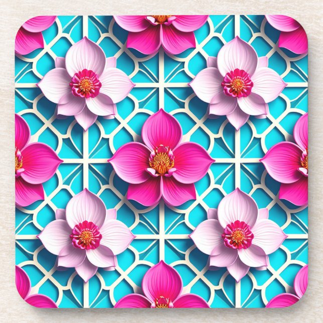 Pink Flowers on a Geometric Blue Background Beverage Coaster (Front)