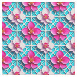 Pink Flowers on a Geometric Blue Background Fabric