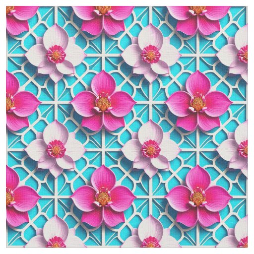 Pink Flowers on a Geometric Blue Background Fabric