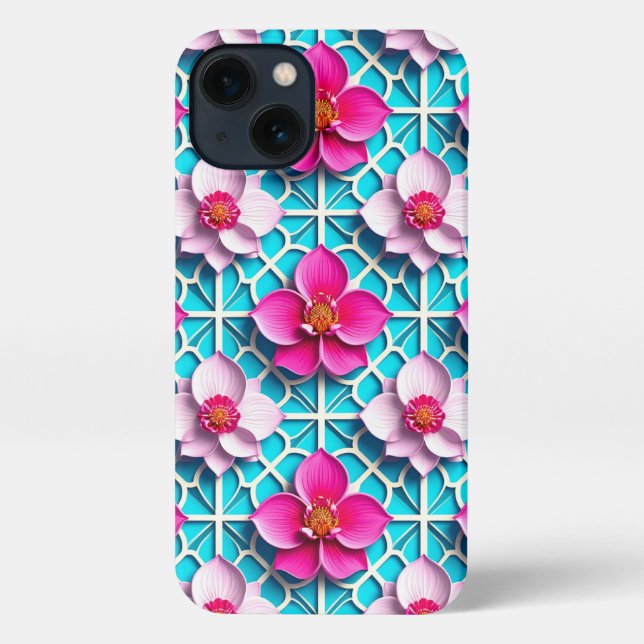 Pink Flowers on a Geometric Blue Background iPhone Case (Back)
