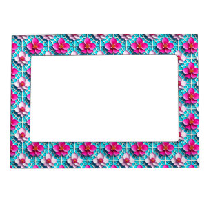 Pink Flowers on a Geometric Blue Background Magnetic Frame