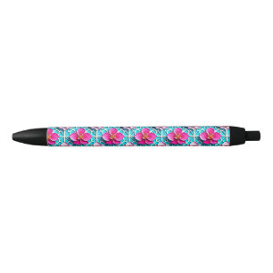 Pink Flowers on a Geometric Blue Background Pen