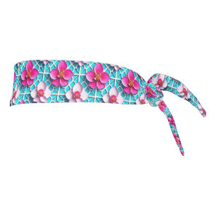 Pink Flowers on a Geometric Blue Background Tie Headband