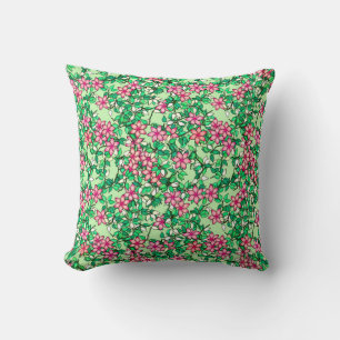 Pink flowers on a pale green background throw pillow