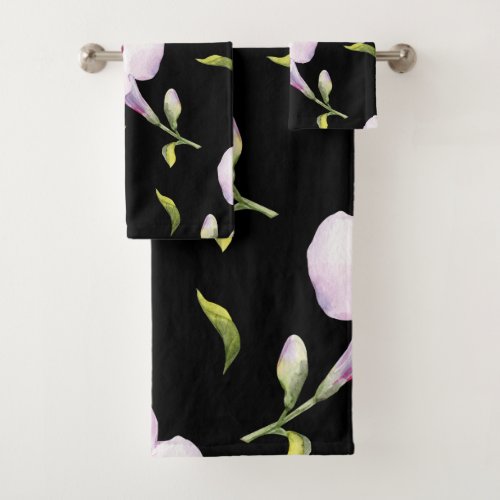 Pink Flowers on Black Bath Towel Set