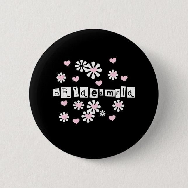 Pink Flowers on Black Bridesmaid  Button (Front)