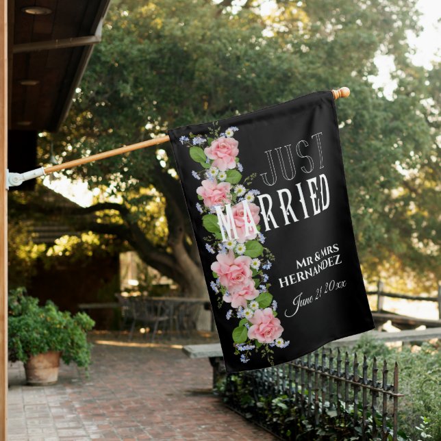 Pink Flowers on Black Just Married Date Wedding House Flag (In SItu)