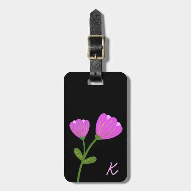 Pink Flowers on Black Luggage Tag (Front Vertical)