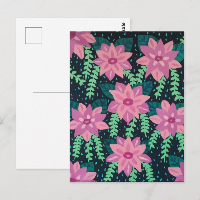 Pink Flowers on Black Postcard (Front/Back)