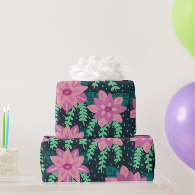 Pink Flowers on Black Print  Wrapping Paper (Party Gifts)