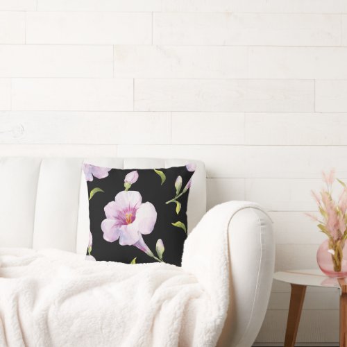 Pink Flowers on Black Throw Pillow