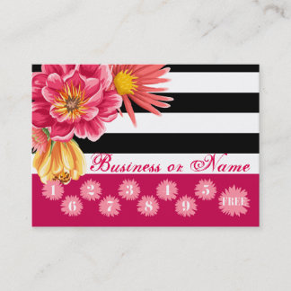 Pink Flowers on Black White Stripes Loyalty Reward Card