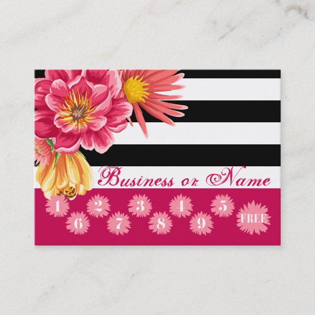 Pink Flowers on Black White Stripes Loyalty Reward Card (Front)
