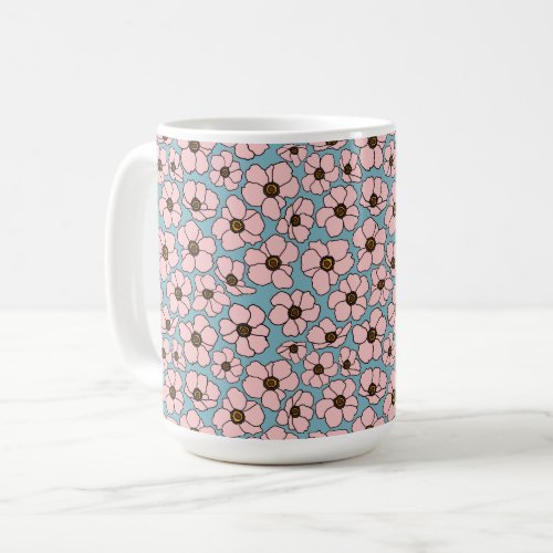 Pink Flowers On Blue   Coffee Mug