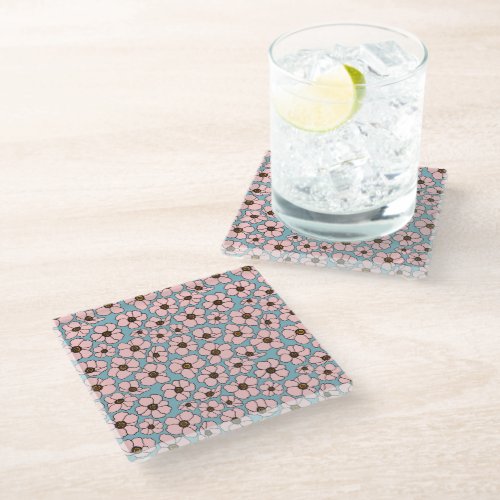 Pink Flowers On Blue Glass Coaster