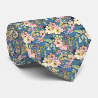 Pink Flowers on Blue Neck Tie