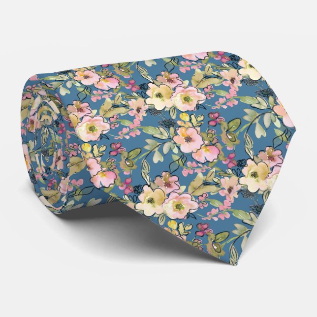 Pink Flowers on Blue Neck Tie (Rolled)