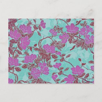 Pink Flowers On Blue Postcard by LeFlange at Zazzle