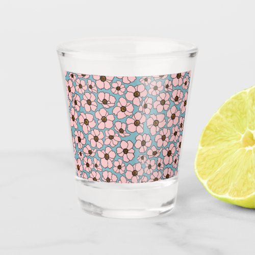 Pink Flowers On Blue  Shot Glass