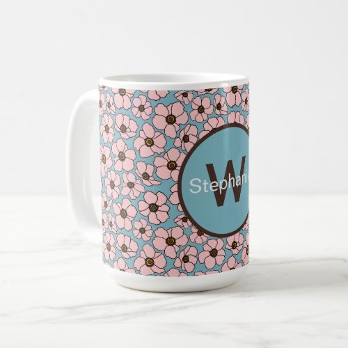 Pink Flowers On Blue With Monogram  Coffee Mug