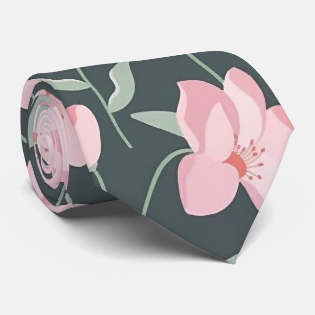 Pink flowers on dark green seamless pattern  neck tie (Rolled)