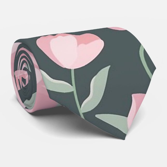 Pink flowers on dark green seamless pattern  neck tie (Rolled)