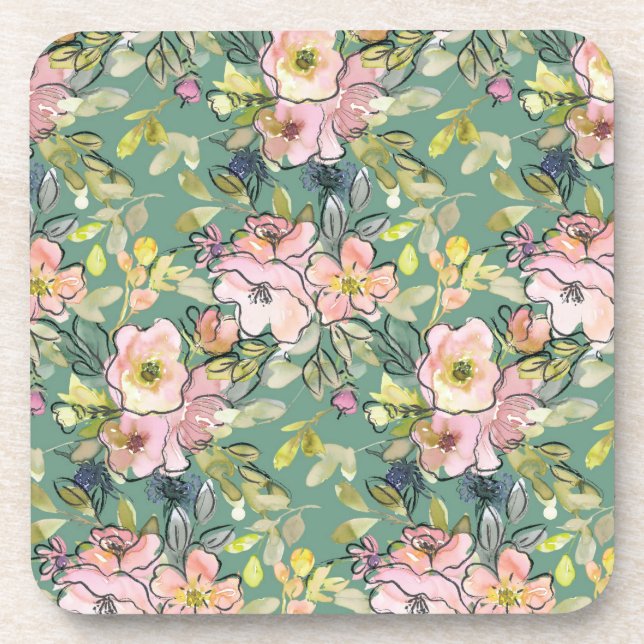 Pink Flowers on Green Coaster, Floral Drink  Beverage Coaster (Front)