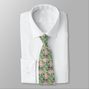 Pink Flowers on Green Neck Tie