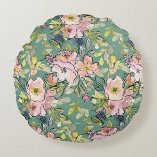 Pink Flowers on Green Round Cushion   Charming