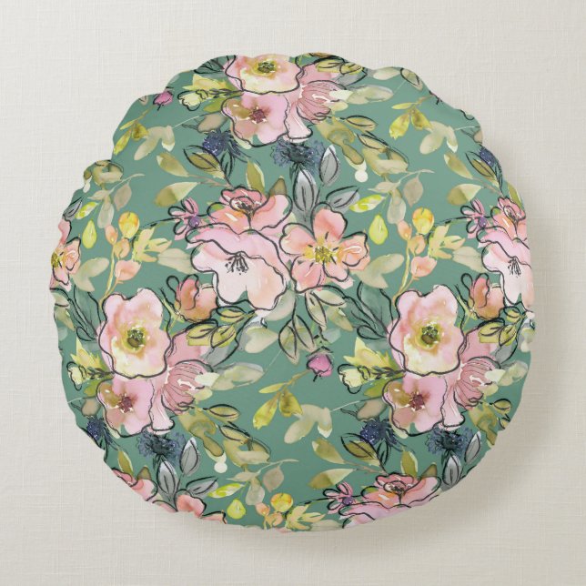 Pink Flowers on Green Round Cushion | Charming (Front)