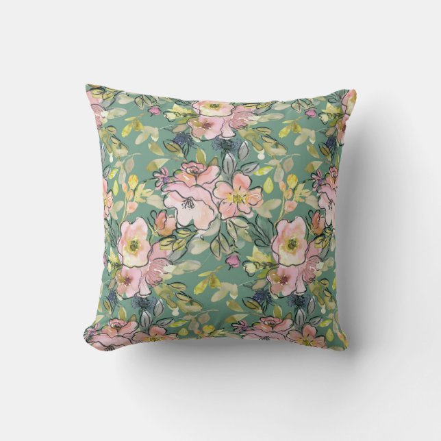 Pink Flowers on Green Throw Pillow (Front)