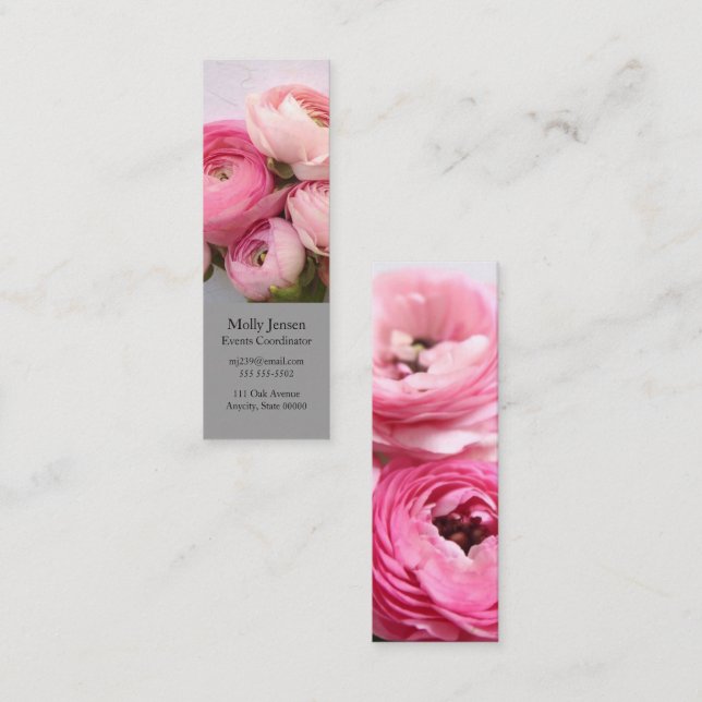Pink flowers on handmade paper bookmark mini business card (Front/Back)
