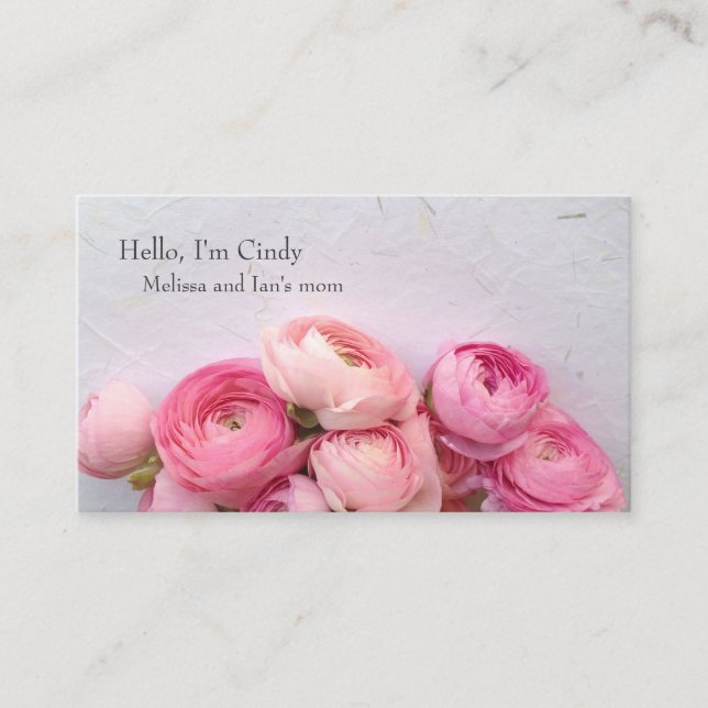 Pink flowers on handmade paper mom calling card (Front)