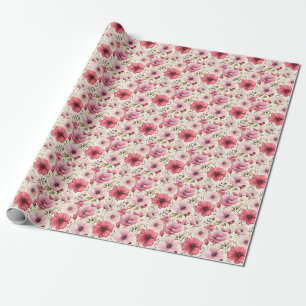 Pink Flowers on Ivory Wrapping Paper