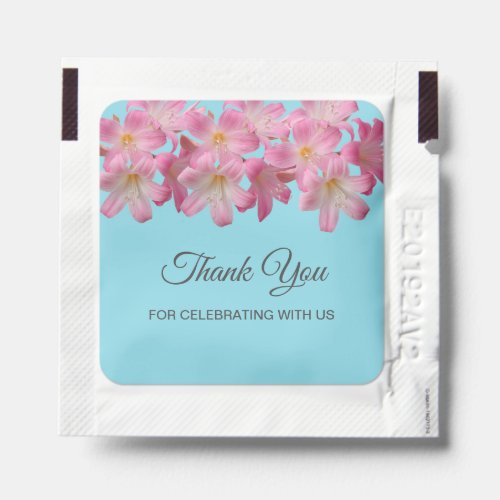 Pink flowers on light blue Thank You favor Hand Sanitizer Packet