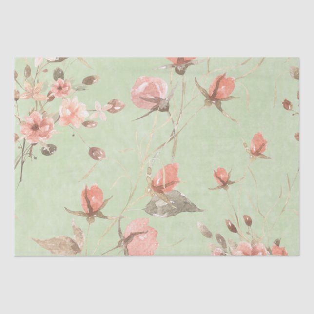 Pink Flowers On Light Sage Green Background  Tissue Paper (Front)