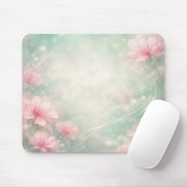 Pink Flowers On Mint Green Ethereal Abstract Mouse Pad (With Mouse)