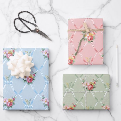 Pink Flowers on Pink Green  Blue Ribbon Trellis Wrapping Paper Sheets