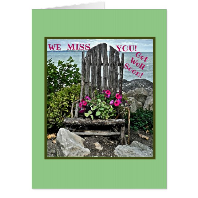 PINK FLOWERS ON RUSTIC CHAIR BY LAKESIDE/OVERSIZE CARD (Front)